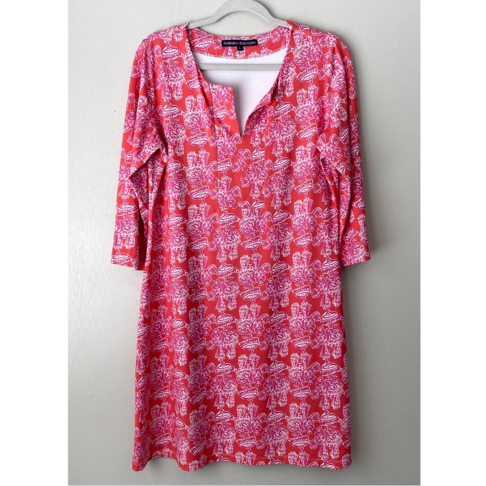 Barbara Erickson Elephant Print 3/4 Sleeve Dress Pink Large